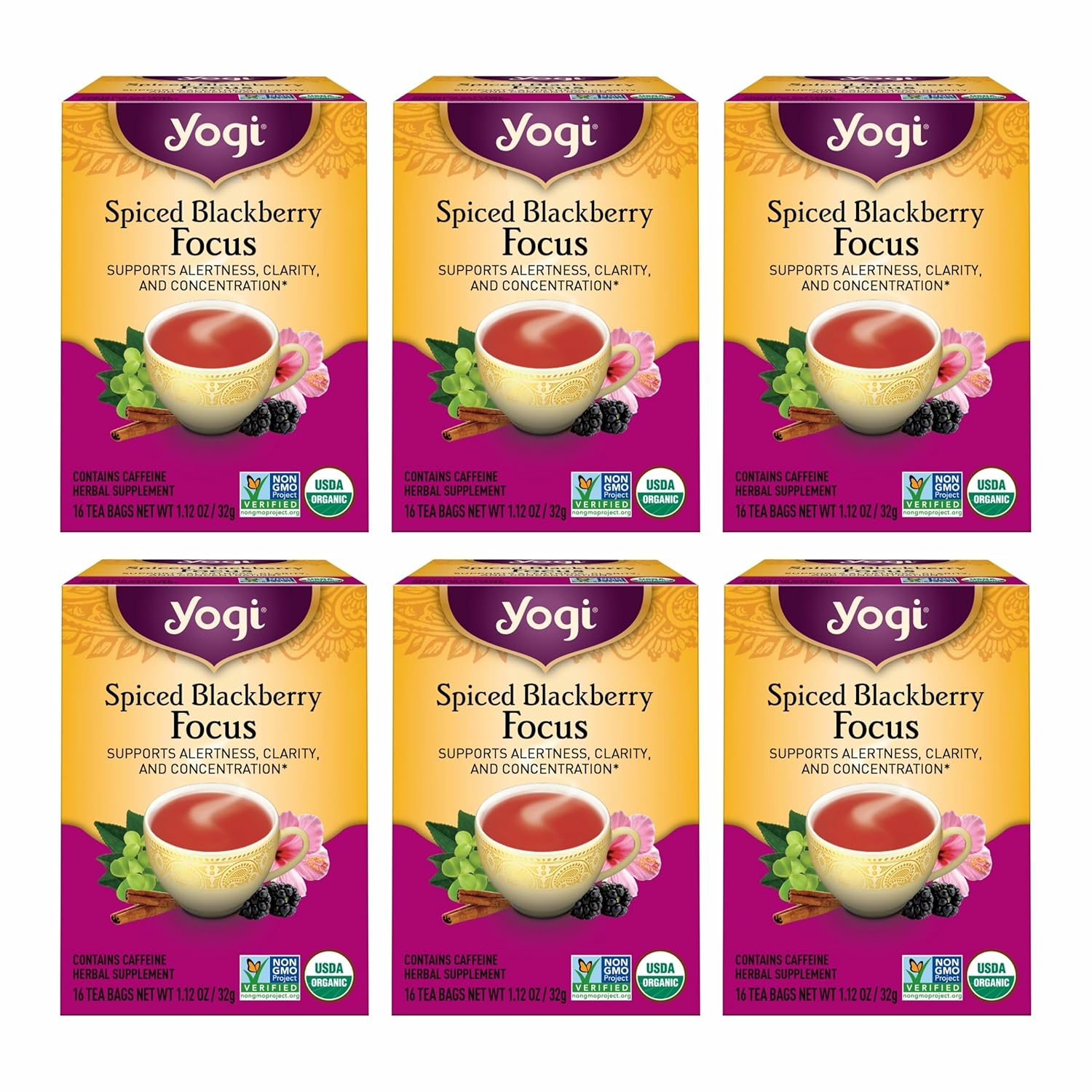 Yogi Spiced Blackberry Focus Tea, Vegan Friendly, Kosher, USDA Certified Organic, Non-GMO, 16 Tea Bags (Pack of 6)