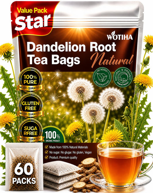 WOTIHA 60 Count Premium Dandelion Root Tea Bags - 100% Natural Roasted, Supports Liver &amp; Kidney Health, Digestion &amp; Immunity, Caffeine-Free, Additive-Free, Gluten-Free, Vegan.