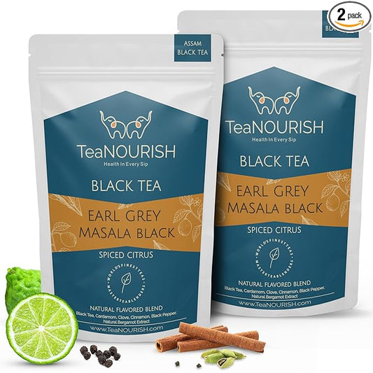 TeaNOURISH Earl Grey Masala Black Tea | Spiced Citrus | Assam Loose Leaves | Blended with Indian Aromatic Spices & Natural Bergamot Extract | 100% NATURAL - 3.53oz/100g (Pack of 2)