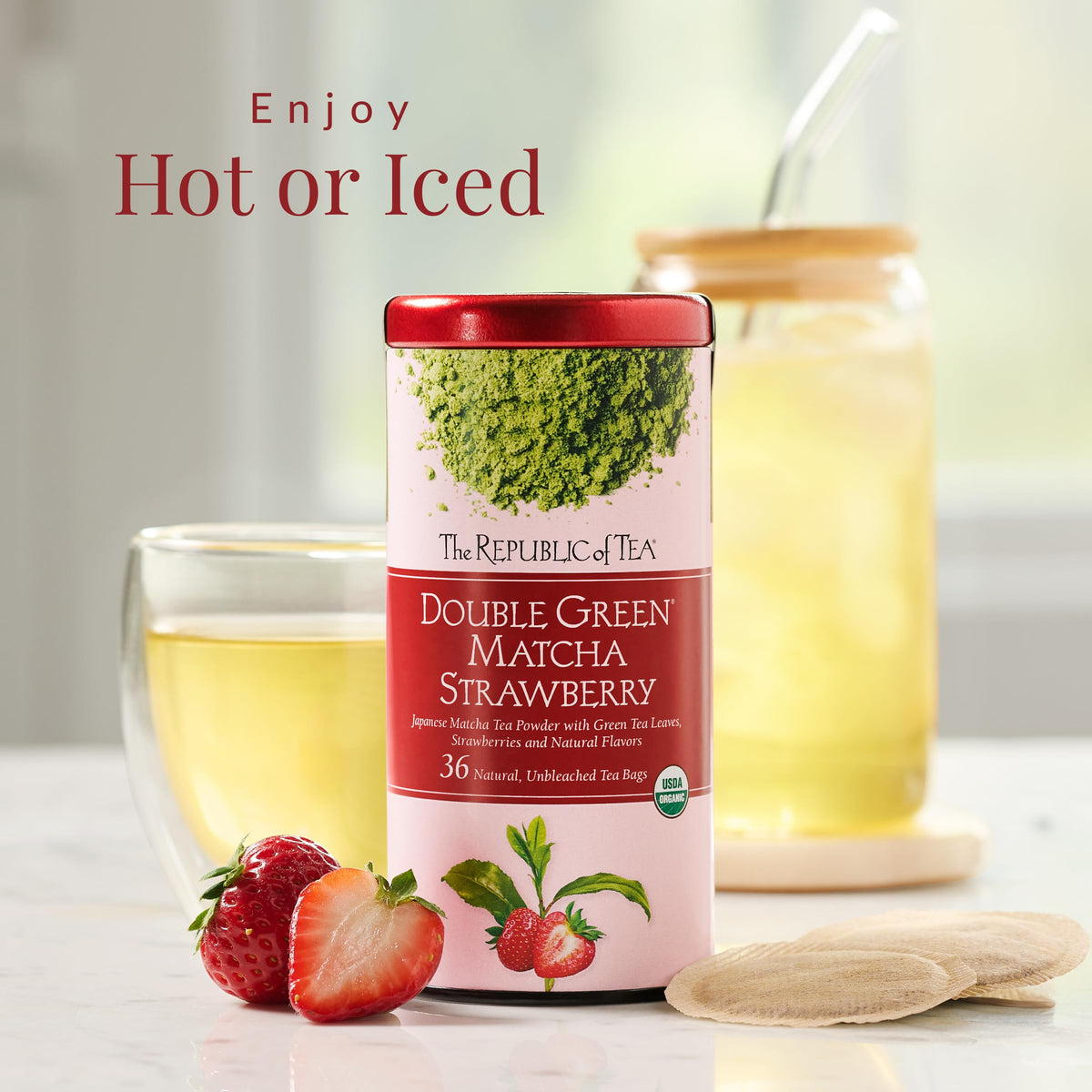 The Republic of Tea Organic Double Green Matcha Strawberry Green Tea, 36 Ct