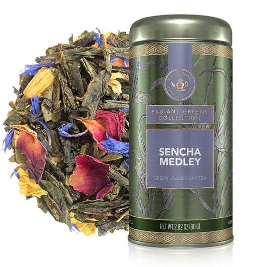 Teabloom Green Tea, Sencha Medley Loose Leaf Tea, Fresh and Floral, Purest Quality Green Tea Leaves Combined with Pretty Botanicals in Reusable Gift Canister, 2.82oz/80 g Canister Makes 35-50 Cups