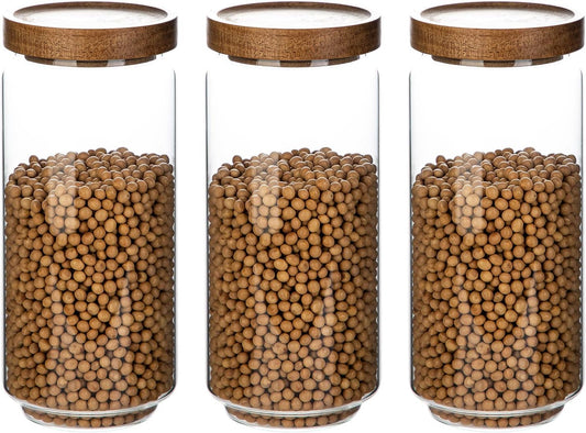 3 Pack Glass Jars with Acacia Wooden Lids | 34 Oz Kitchen Storage Containers Food Canisters Stackable Design