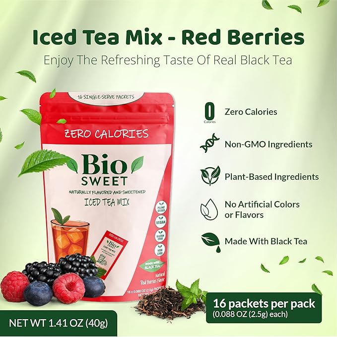 BioSweet Iced Tea Mixes - Red Berries Flavor, Zero Calorie Mix from Real Black Tea, Naturally Sweetened & Flavored, Non GMO, Gluten Free