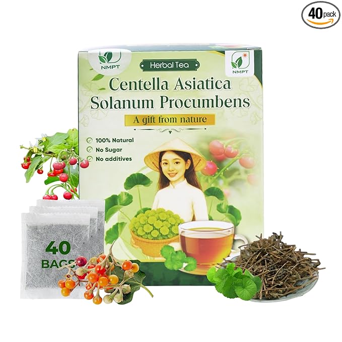 Nmpt Dried Centella Asiatica Solanum Procumbens Tea, Handpicked and Handmade, 40 Sachets, Cold-Dried, Gluten-Free, No Added Sugar, Mild Sweet Flavor