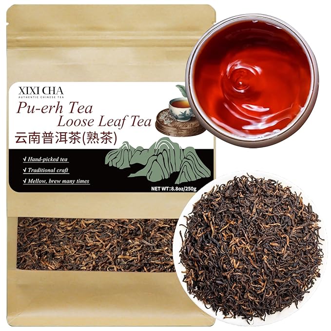 XIXICHA Pu-erh Tea Loose Leaf 250g/8.81oz Ripe Puerh Chinese Tea Yunnan Ancient Tree Puer Loose Leaf Black Tea 普洱茶 熟茶 宫廷普洱茶 云南勐海普洱茶