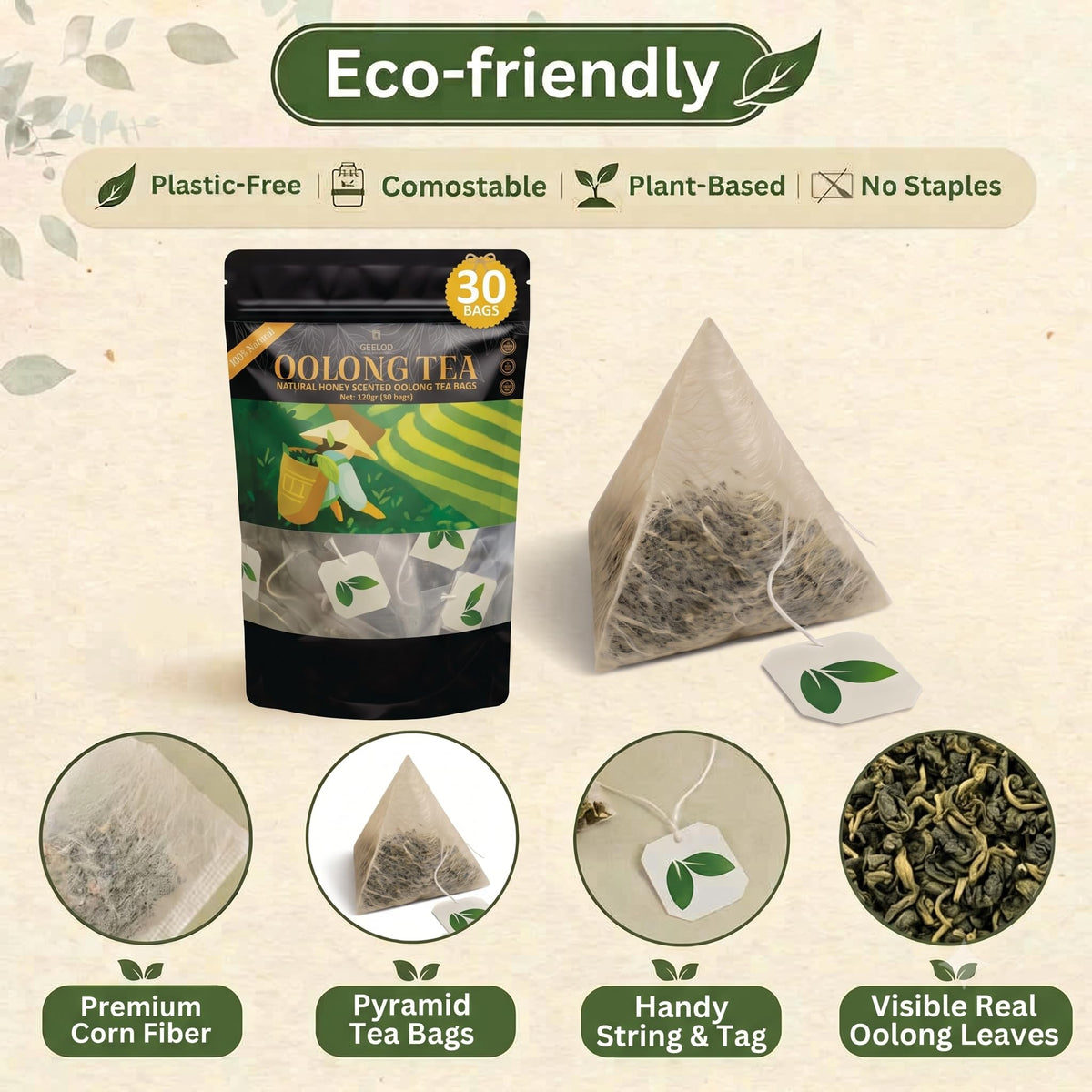 GEELOD 100% Pure Oolong Tea Bags -Premium Whole Leaf Honey Aroma in Corn Fiber Bag