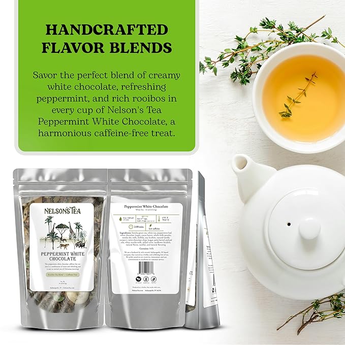 Nelson's Tea - Peppermint White Chocolate - Caffeine Free - Loose Leaf Peppermint Tea with Green & Red Rooibos - White Chocolate Tea (16 oz)