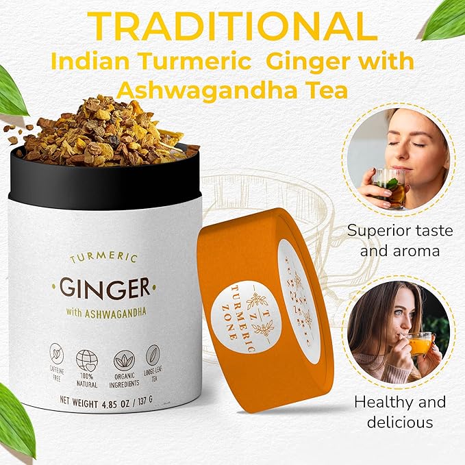 Turmeric Zone Organic Turmeric Ginger Ashwagandha Decaf Tea made with Turmeric Root, Ginger Root, Ashwagandha Root, Cinnamon, Black Pepper - 4.85 oz
