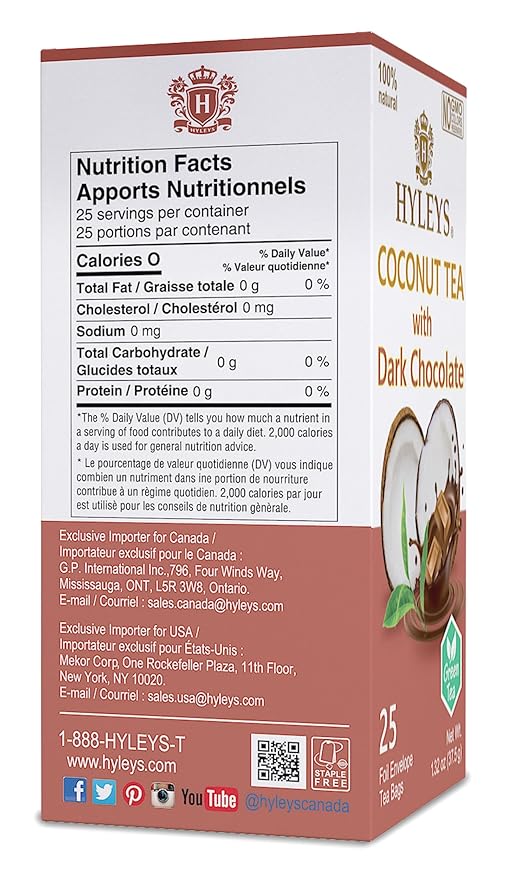 Hyleys Wellness Natural Coconut Tea With Dark Chocolate - 25 Tea Bags (Gmo Free, Gluten Free, Dairy Free, Sugar Free & 100% Natural)