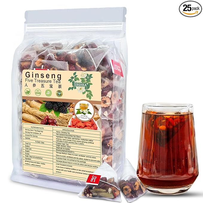 Ginseng Five Treasures Tea Kidney Tea - Ginseng & Mulberry Herbal Teas Natural Chinese Red Date Kidney Cleanse Detox Teas Bag for Men Women