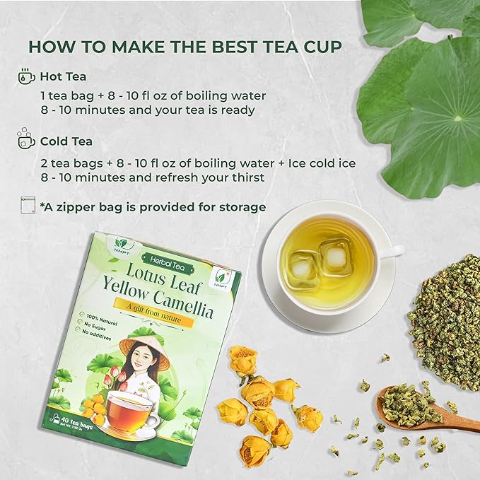 Nmpt Dried Lotus Leaf Yellow Camellia Tea, Handpicked, Organic Herbal Tea, 40 Sachets, Cold-Dried, Gluten-Free, No Added Sugar, Mild Sweet Flavor
