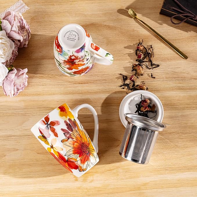 Gbhome Tea Mug with Infuser and Lid, 18 Ounce Large Ceramic Loose Leaf Cup, Microwave, Dishwasher Safe, Perfect for Tea Lovers