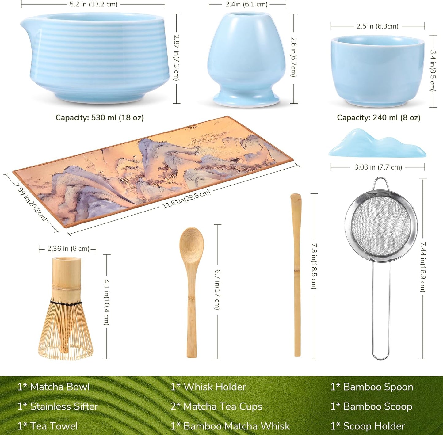 HELPLX Matcha Whisk Set, 10-Piece Japanese Matcha Kit with Bowl, Whisk &amp; Holder, 2 Tea Cups, Bamboo Scoop, Spoon, Sifter, Scoop Rest &amp; Tea Towel – Blue Matcha Tea Set for Ceremony or Daily Use