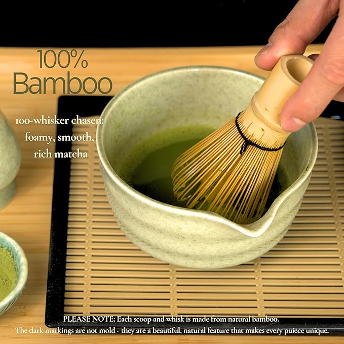 Matcha Whisk Set, Matcha Set, Handcrafted Bamboo Chasen & Ceramic Bowl Matcha Kit, 5 Pcs Matcha Set Whisk and Bowl with Stainless Steel Sifter