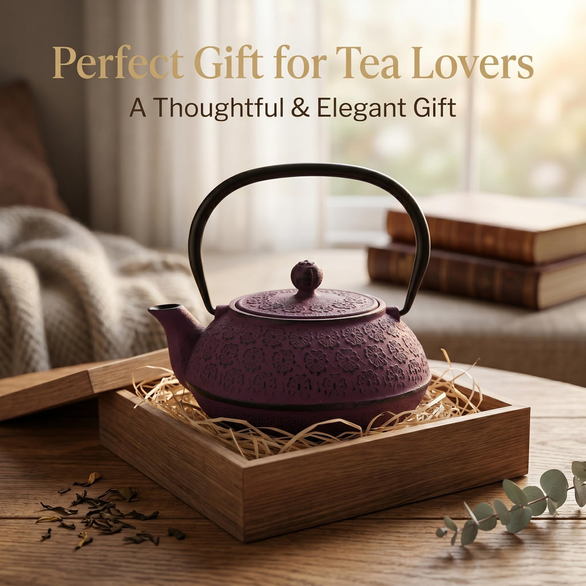 A Ting 30 oz Cast Iron Teapot Enamel Lining W/Metal Infuser Tea Kettle, Purple