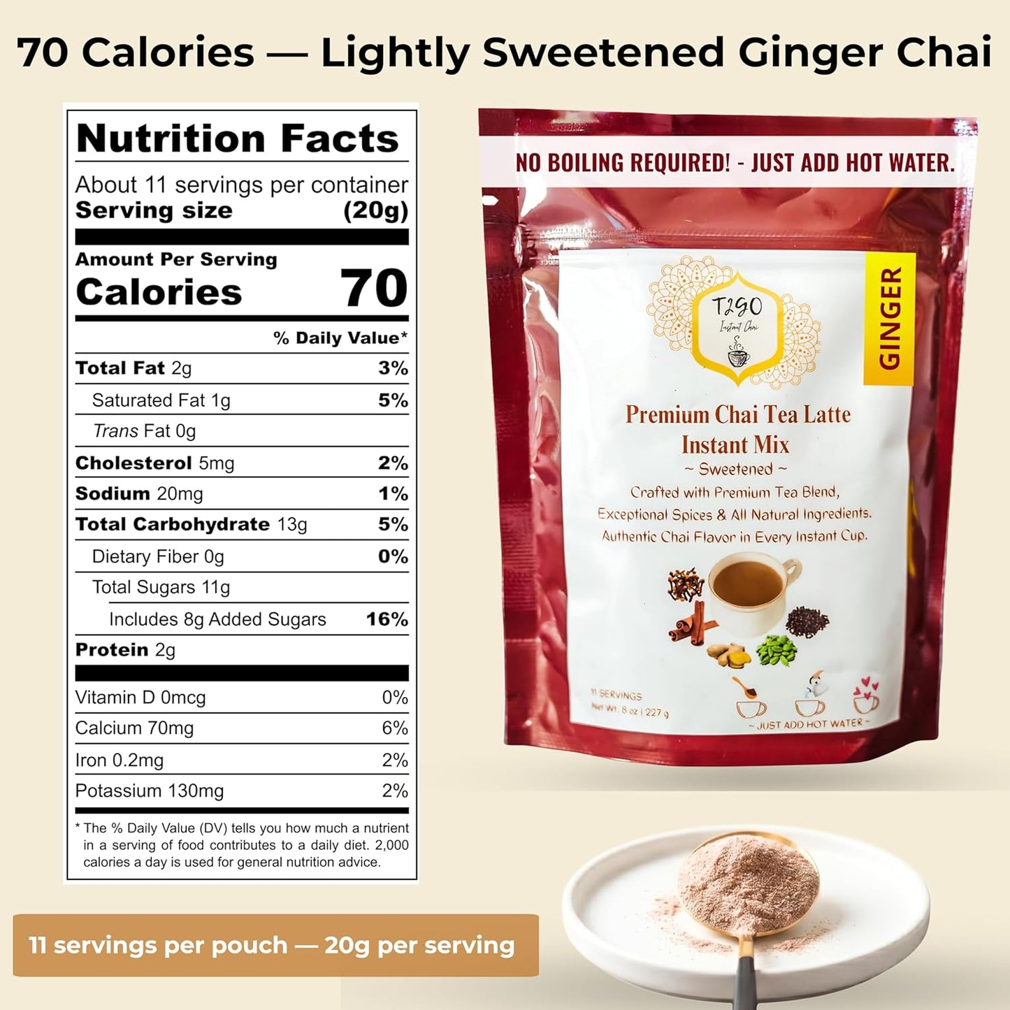 T2GO Instant Ginger Chai Latte Powder – Authentic Indian Chai Tea Mix | Low Sugar | Instant Chai Latte