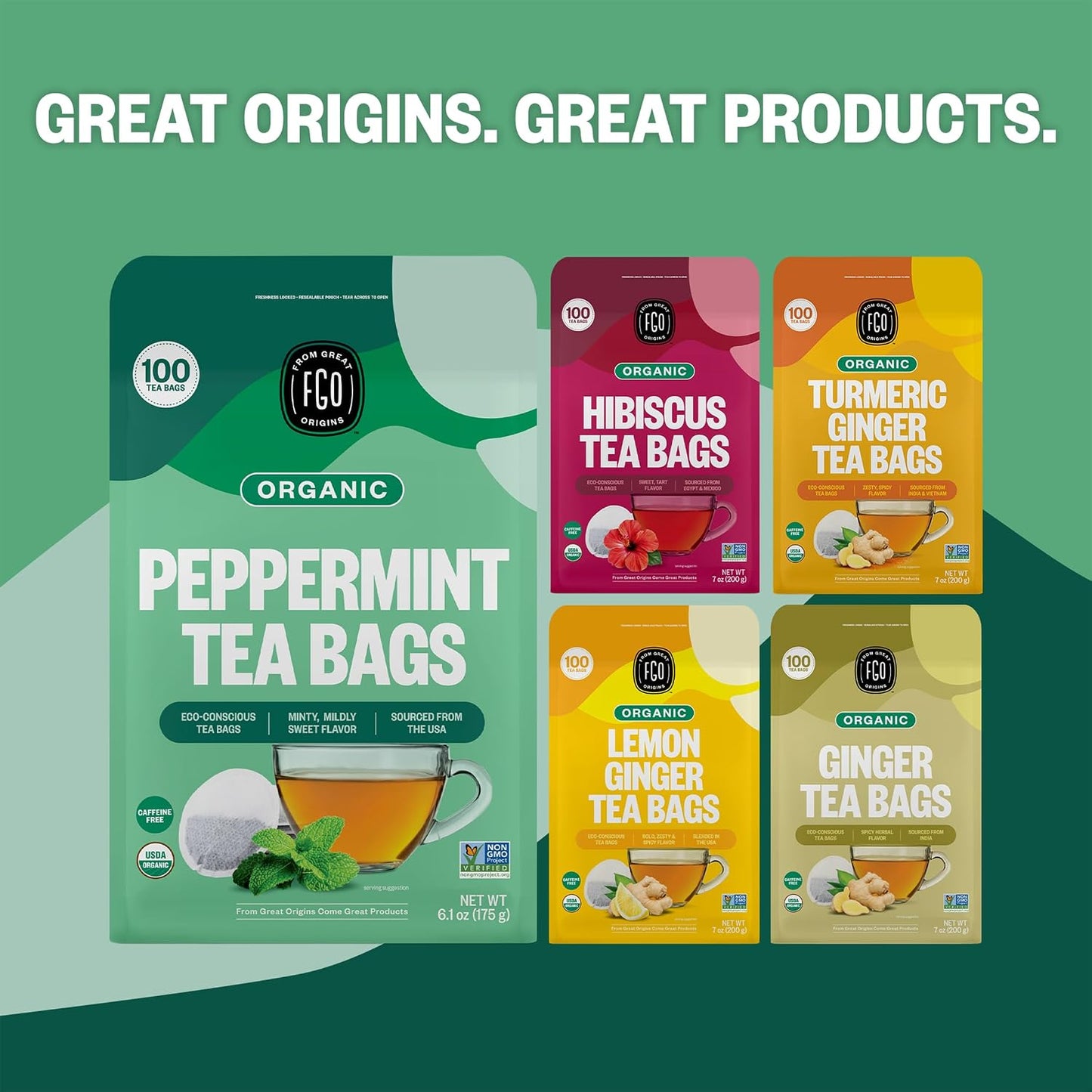 FGO Organic Peppermint Tea, 100 Count, Eco-Conscious Tea Bags, Caffeine Free, Packaging May Vary (Pack of 1)