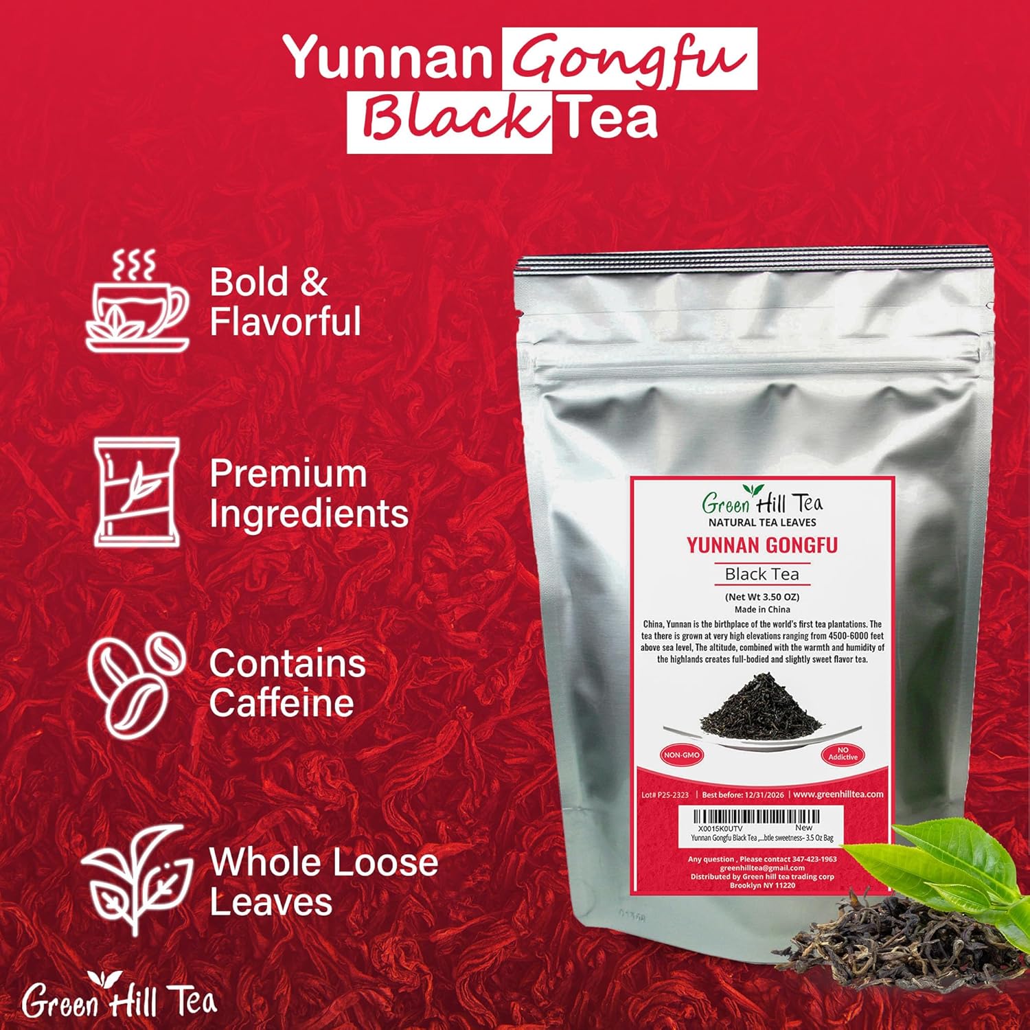 Greenhilltea Golden yunnan tea, Yunnan Gongfu Black Tea, Natural Black Tea with Excellent fullness with subtle sweetness– 3.5 Oz Bag