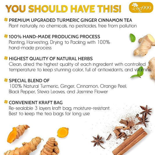 TOG999, 60 Bags Premium Turmeric Ginger Cinnamon Tea. Upgraded Version. Improve Digestion, Support Brain, Weight, Skin and Sleep. Eco-Conscious Tea Bags. No Sugar, No Caffeine, No Gluten, Vegan.