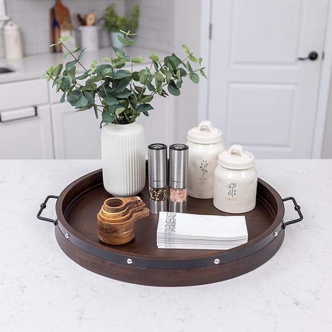 20" Extra Large Round Ottoman Tray, Heavy Duty Mango Wood, for Serving Tea, Breakfast in Bed