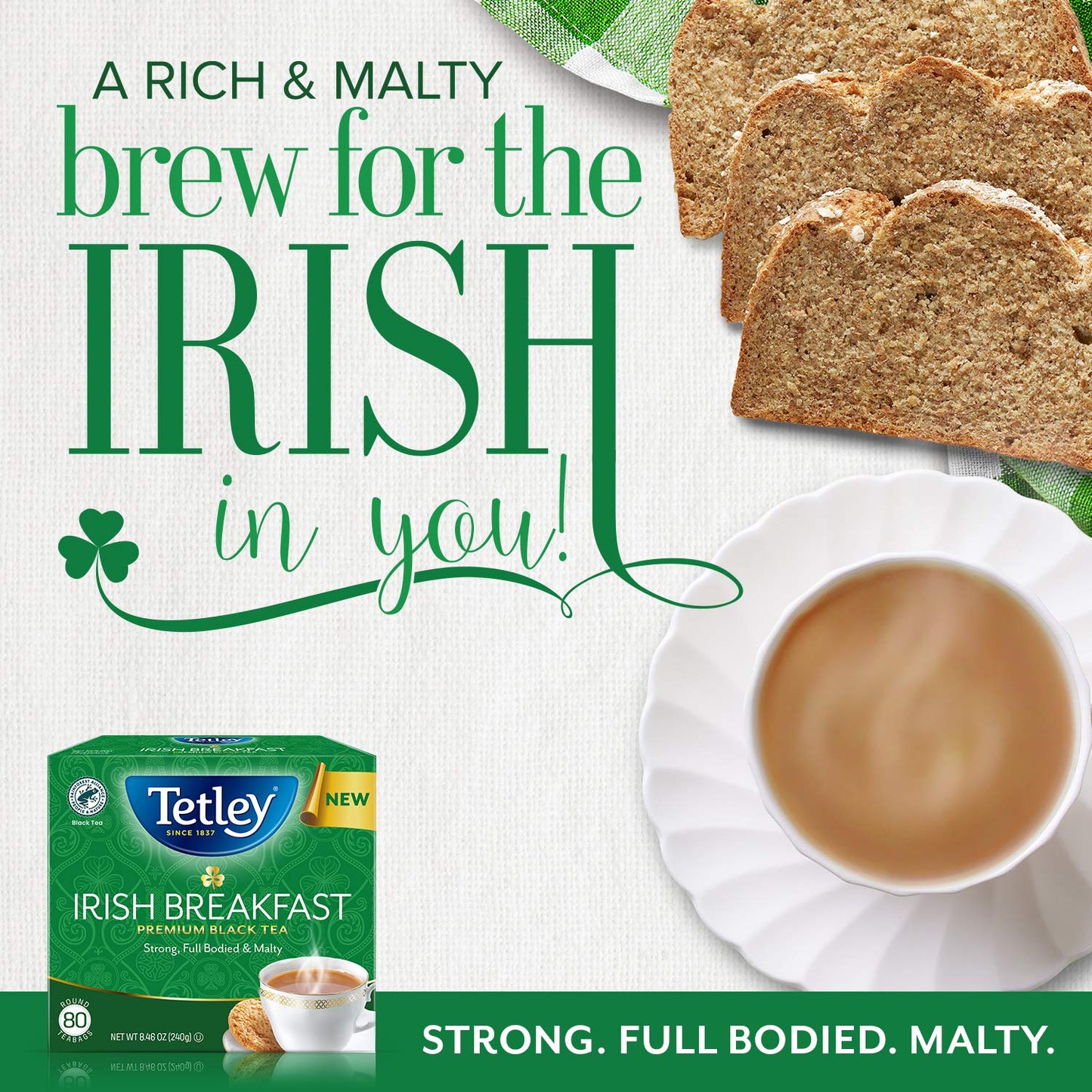 Tetley, Irish Breakfast Black Tea, 80 Count, Hot or Iced, Strong, Malty &amp; Full-Bodied