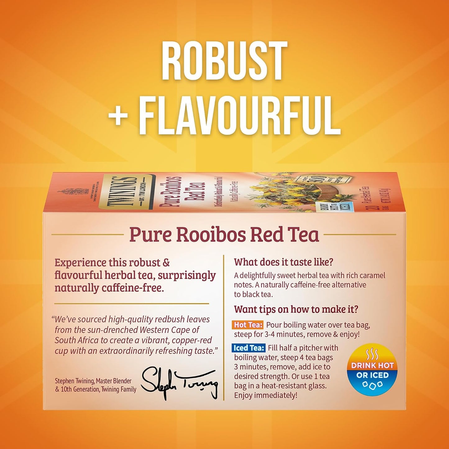 Twinings Pure Rooibos Red Herbal Caffeine-Free Tea Bags 20 CT Box (6 Pack) | Pure Redbush Leaves, Caramel Notes, Naturally Caffeine-Free, 120 Foil Lined Individually Wrapped Bags, Enjoy Hot or Iced