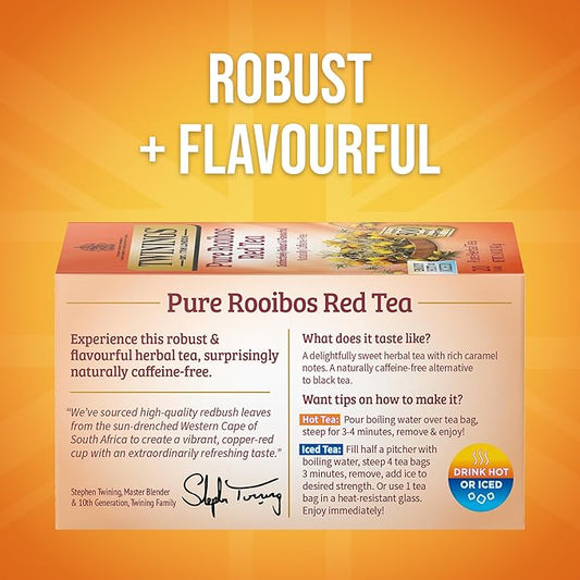 Twinings Pure Rooibos Red Herbal Tea Individually Wrapped Bags, 20 Count (Pack of 1), Sweet with Uplifting Aroma, Naturally Caffeine-Free, Enjoy Hot or Iced, 20 Teabags