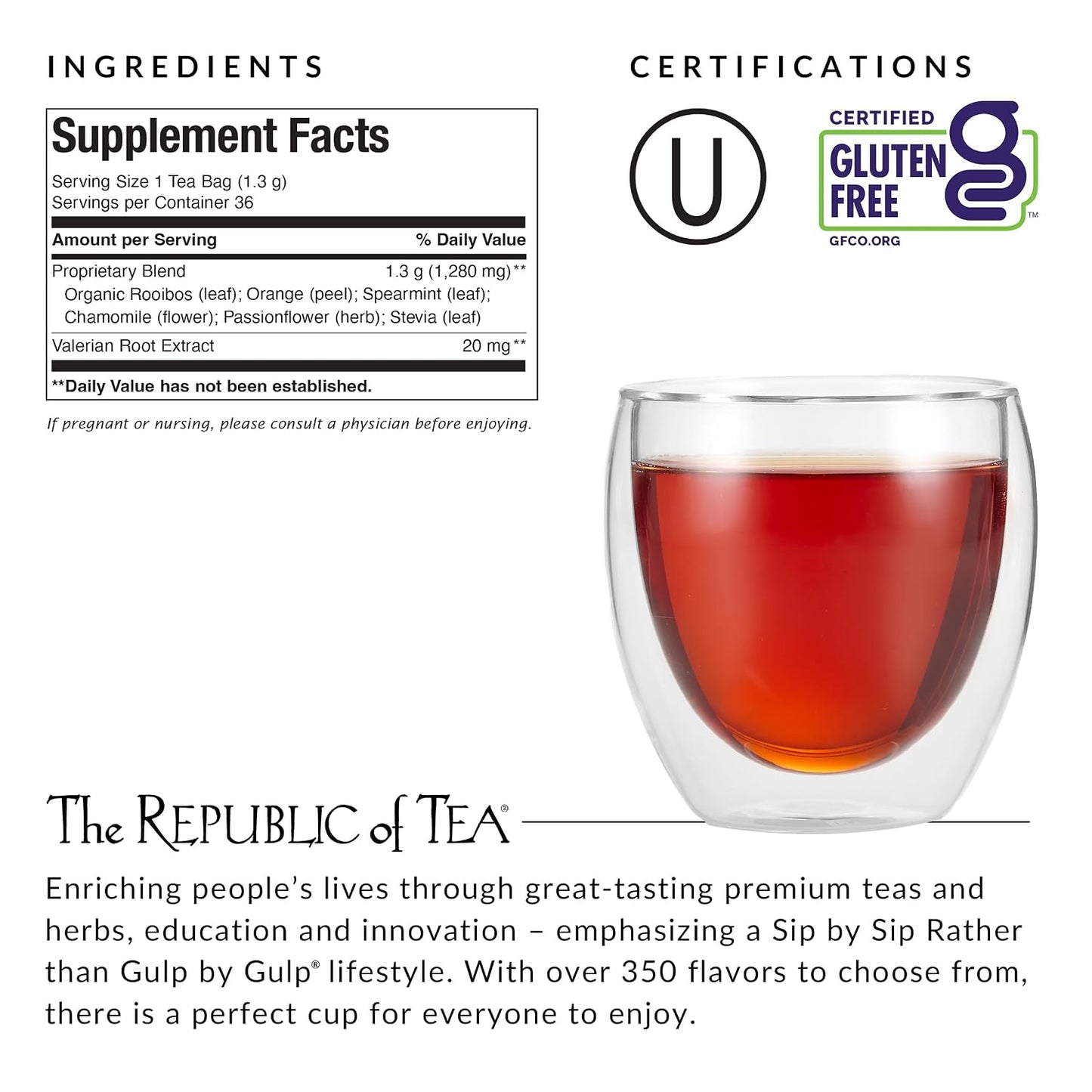 The Republic of Tea Be Well Get Some Zzz's No. 5 Herbal Tea, 36 Count | Caffeine Free. Suitable for day or evening sipping. Mellow and rounded with notes of cool mint and lively citrus.