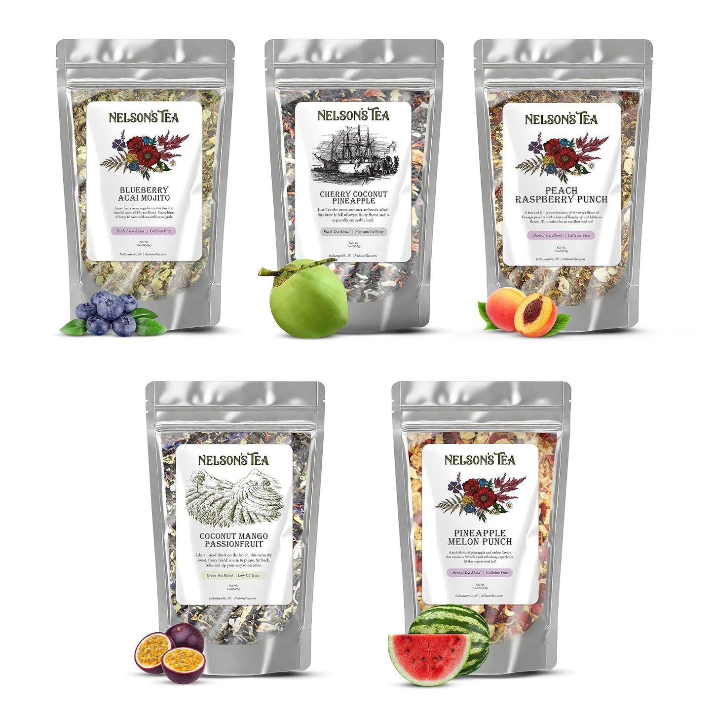 Nelson's Tea Tropical Sampler Pack 5 Flavors Variety Loose Leaf Tea, 2 Oz | Blueberry Acai Mojito • Cherry Coconut Pineapple • Coconut Mango Passionfruit • Peach Raspberry Punch • Pineapple Melon Punch