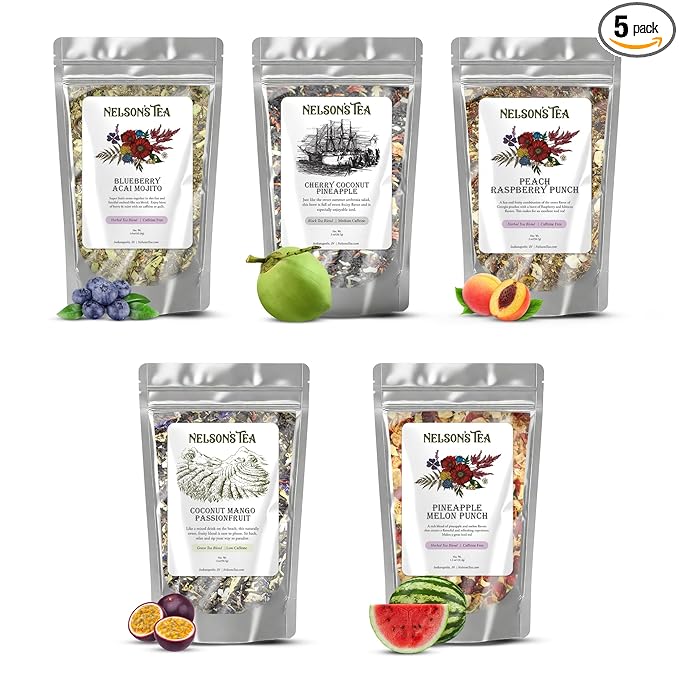 Nelson's Tea Tropical Samplers- 5 Flavors Pack - Blueberry Acai Mojito 1.6 Oz, Cherry Coconut Pineapple 2oz, Coconut Mango Passionfruit 2 Oz