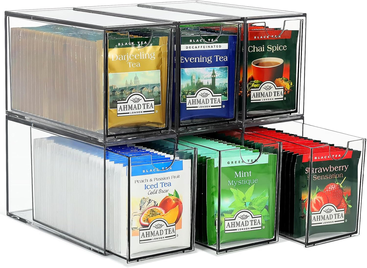 LANLISA Acrylic 6 Pack Tea Bag Organizer and Storage | Tea Bag Holder Organizer, Plastic Tea Drawer Container, For Cabinet