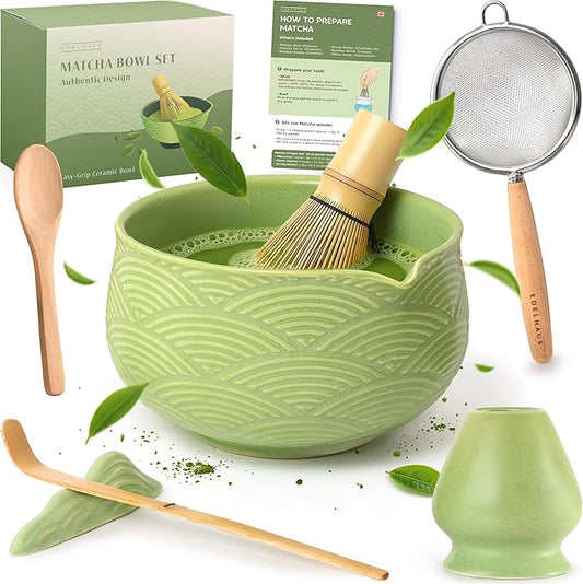 Matcha Kit Whisk Set (7 Pcs) - Complete Matcha Set, Matcha Bowl with Spout, Whisk with Holder, Bamboo Scoop with Rest and Sifter