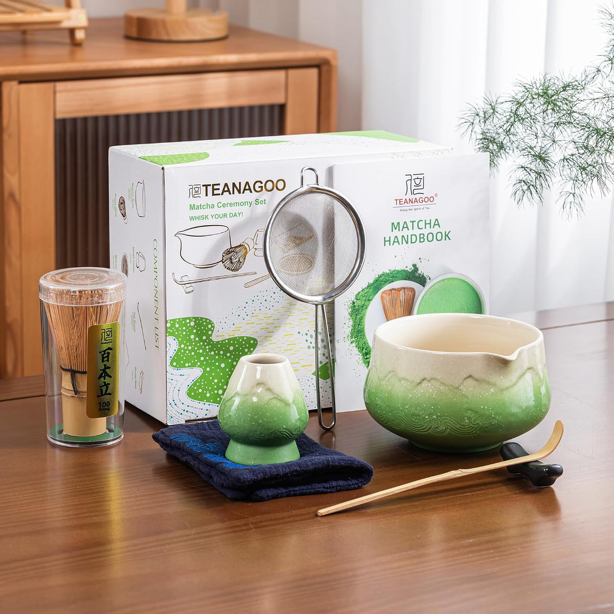 TEANAGOO 7 Pcs Matcha Whisk Set,Green Matcha Set, Ceremony Matcha Powder Kit,Matcha Tea Set for Making Latte,Matcha Whisk Set and Bowl with Scoop&amp;Sifter,Fuji Design Ceramic Bowl,Gift for Matcha Lovers