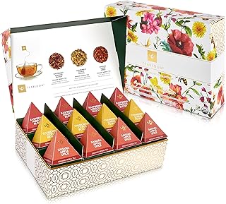 Teabloom Mother’s Bouquet Gourmet Tea Gift – Herbal Assortment with 12 Organic Plant-Based Pyramid Sachets, Caffeine-Free & Kosher, Elegant Presentation Box for Tea Lovers