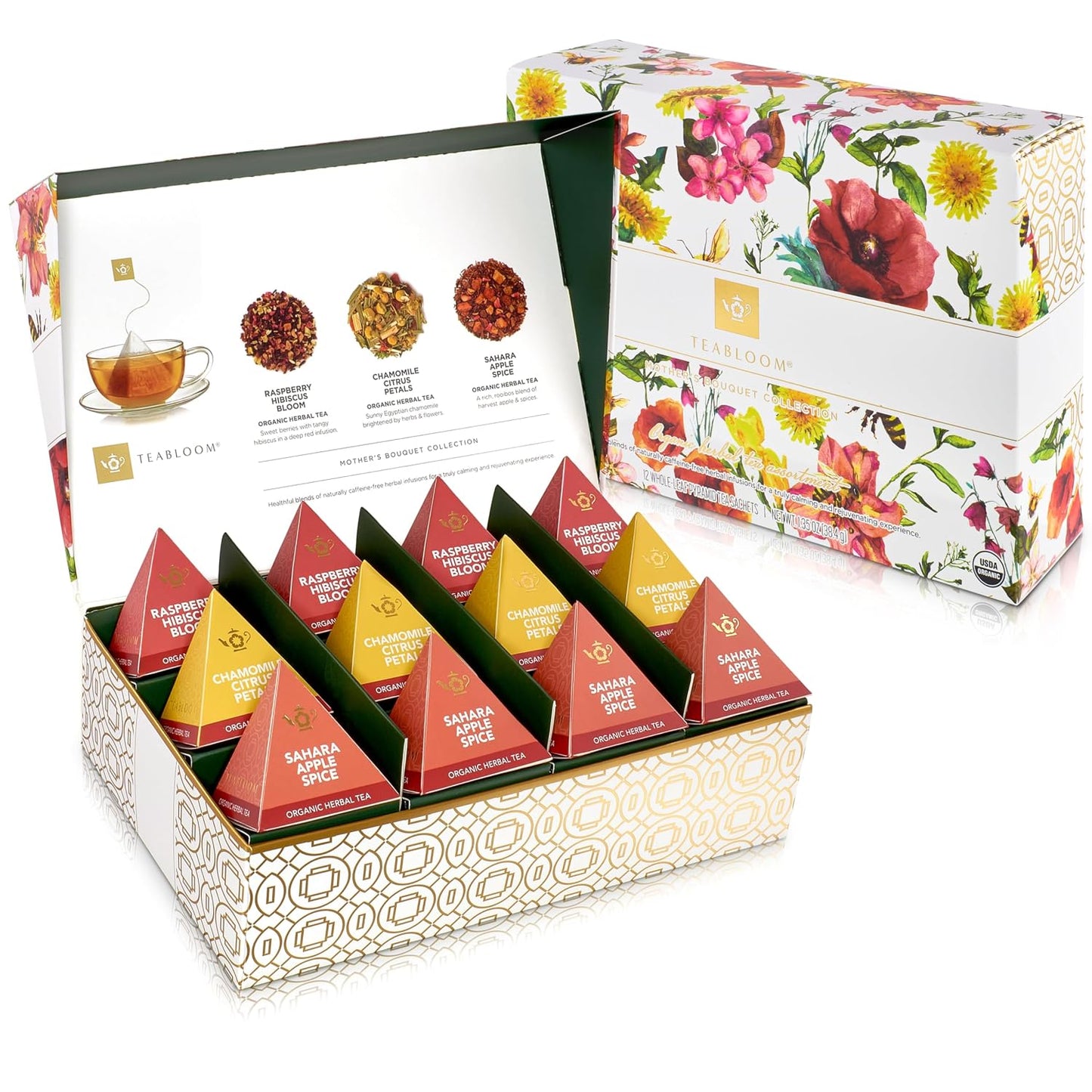 Teabloom Mother’s Bouquet Gourmet Tea Gift – Herbal Assortment with 12 Organic Plant-Based Pyramid Sachets, Caffeine-Free & Kosher