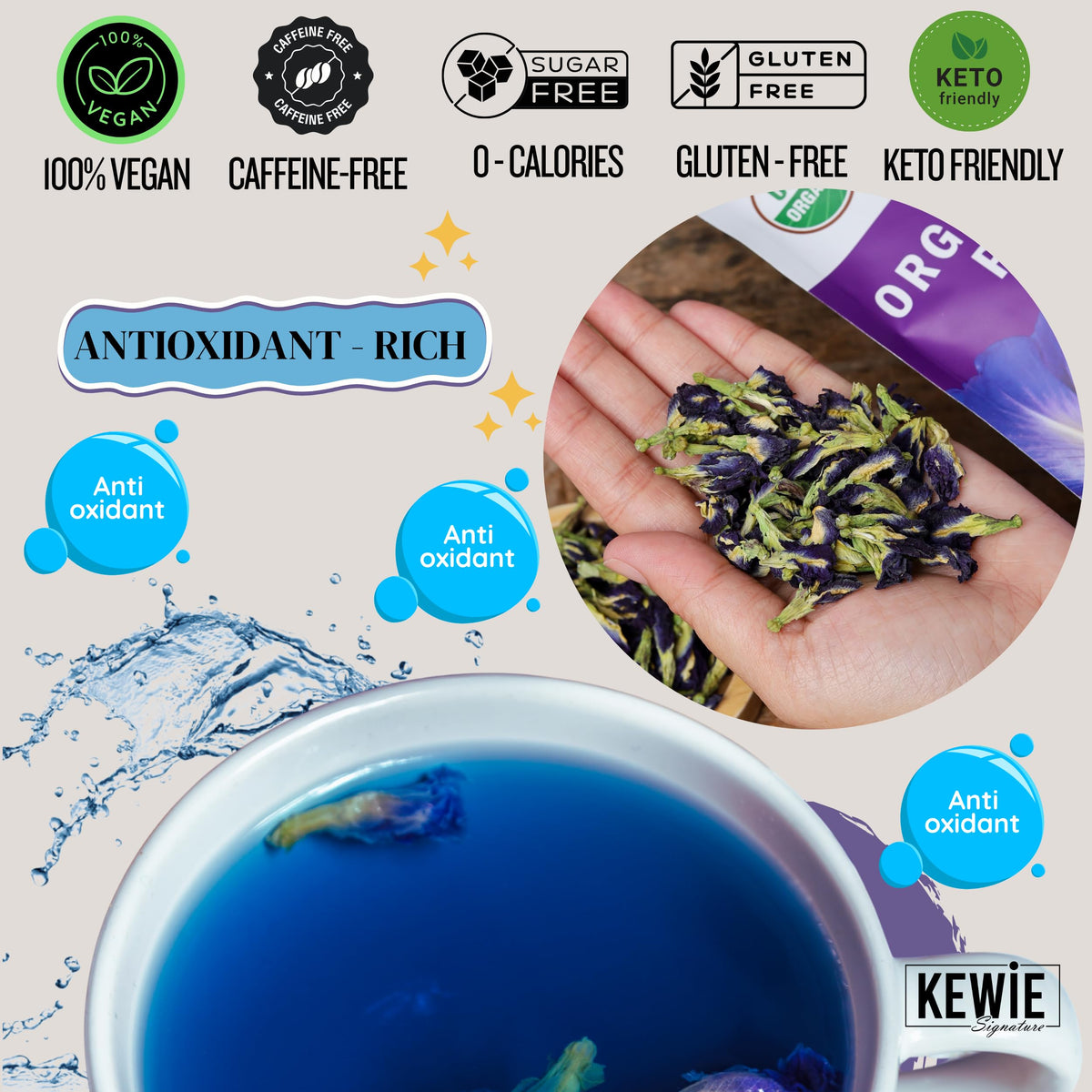 KEWIE Signature Butterfly Pea Flower Tea – 2oz Premium-Grade Blue Butterfly Pea Flower Organic Loose Leaf Tea –