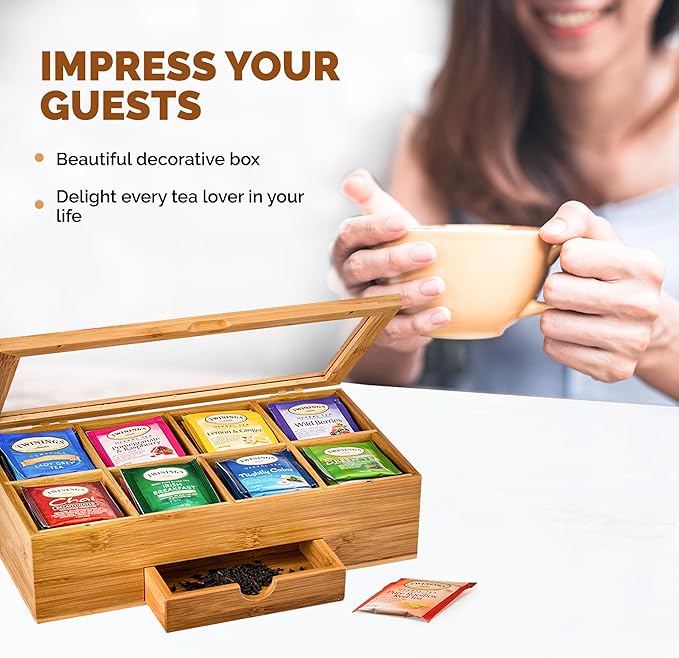 Tea Bag Organizer - Christmas Gift Bamboo Tea Box Organizer Storage Box, Tea Bag Holder with Drawer & Acrylic Window