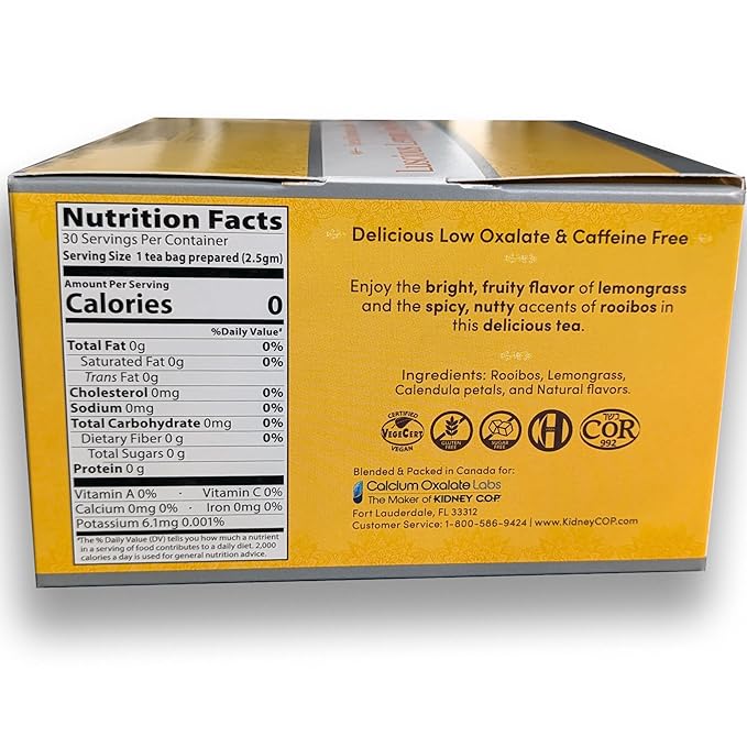 Veloxa™ Very Low Oxalate Tea (30 Pyramid Tea Bags, Luscious Lemon Low Oxalate Rooibos)