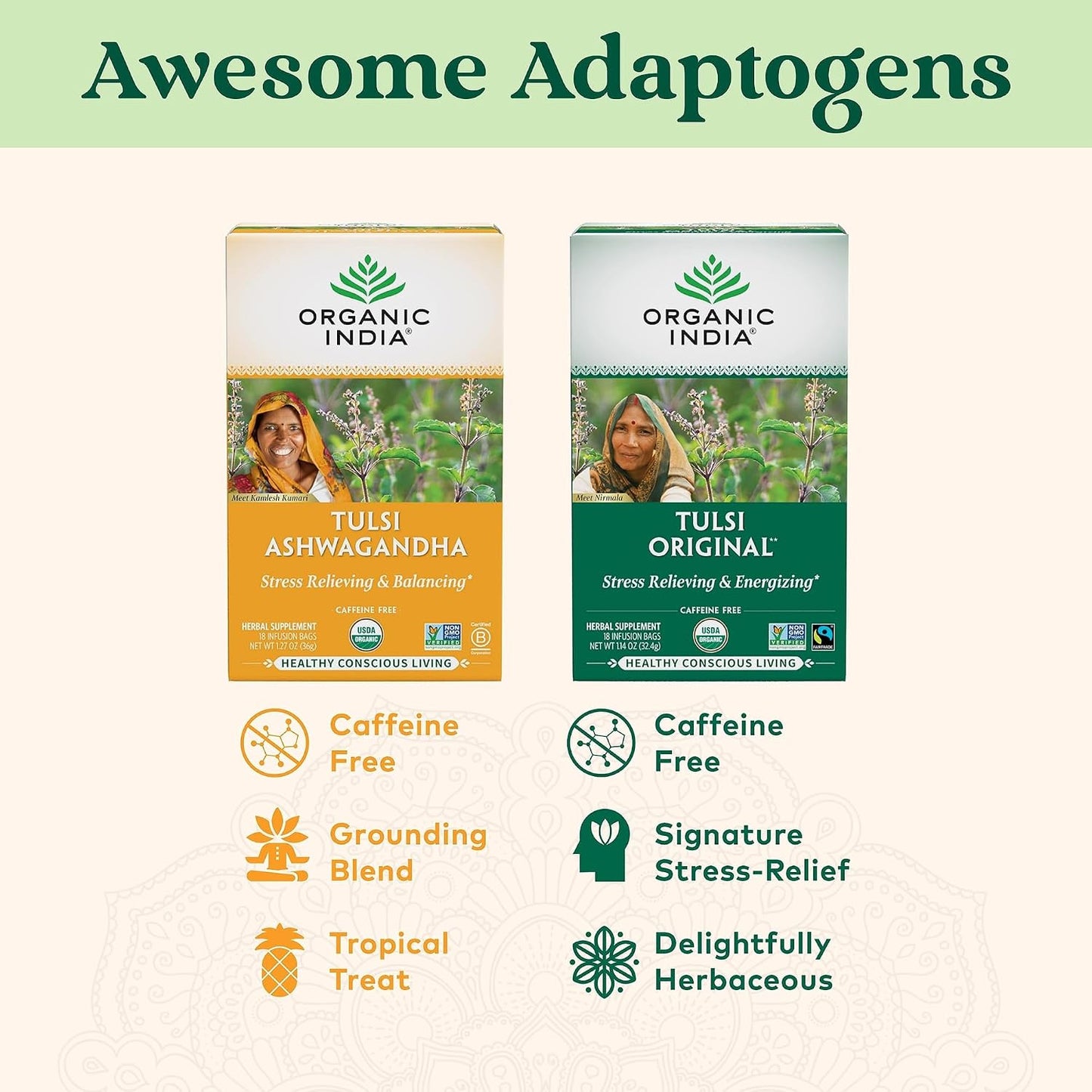 Organic India Tulsi Original Herbal Tea - Holy Basil, Stress Relieving &amp; Energizing, Immune Support, Adaptogen, Vegan, USDA Certified Organic, Non-GMO, Caffeine-Free - 18 Infusion Bags, 3 Pack | Holy Basil and African Basil Calming and Stress Relief T