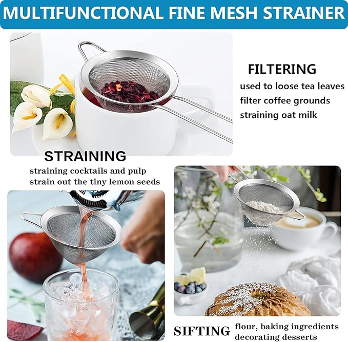 Lianyu Fine Mesh Strainer Set of 2, 3.3 Inches Stainless Steel Tea Sieve Strainer with Long Handle