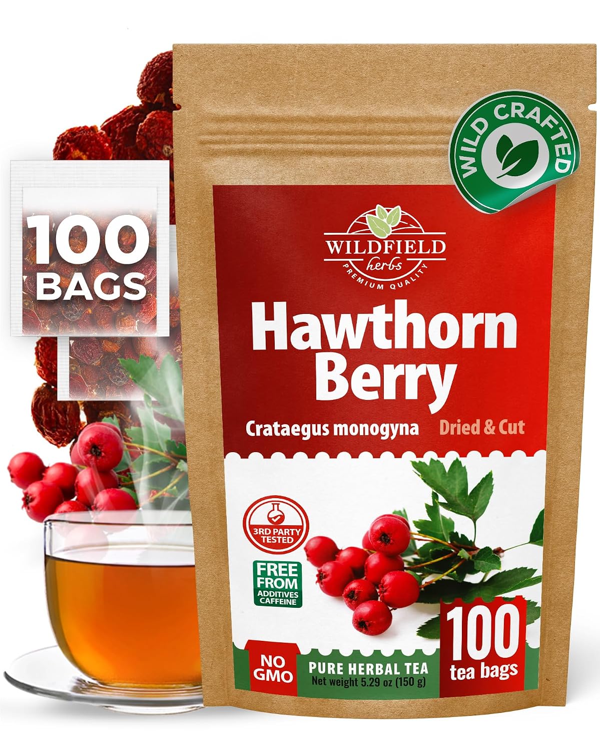 100 Bags Hawthorn Berry Herbal Tea (Crataegi fructus)