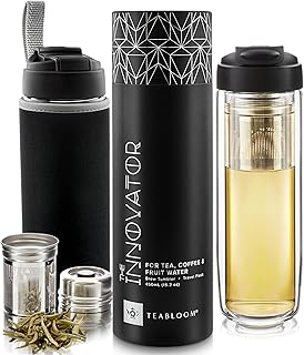 Teabloom Travel Tea Infusing Cup – Insulated Borosilicate Glass Bottle with Magnetic Controlled Infuser and Flip Lid for Hot Tea, Cold-brew Coffee, Fruit Water – The Innovator Tumbler (15oz/450ml)