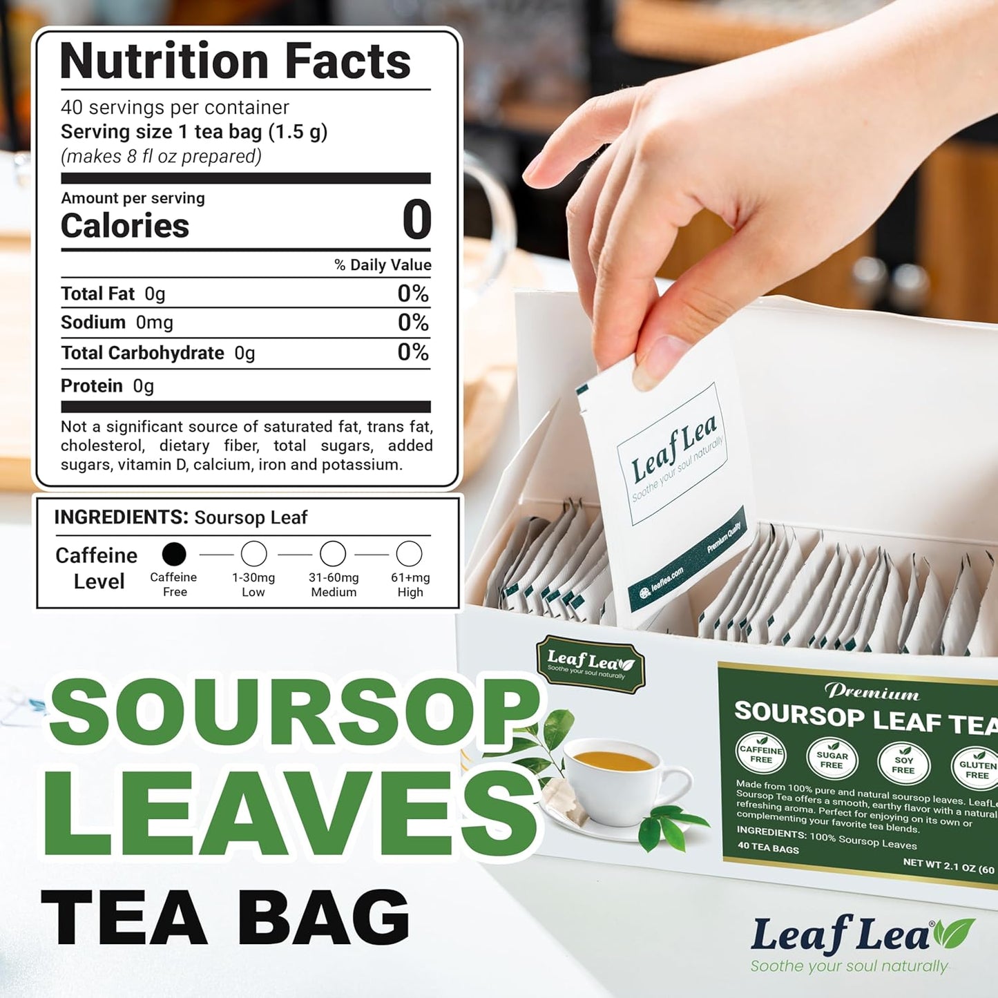 LeafLea Soursop Leaf Tea Bags, From Soursop Graviola Leaves, 240 Count