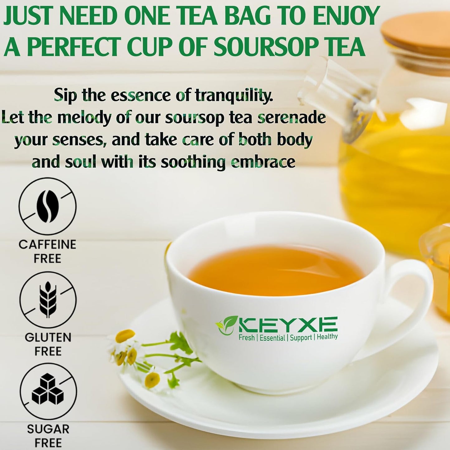 KEYXE - USDA Organic Soursop Graviola Leaves Tea 50 Bags. Non-GMO Verified , 100% Organic Soursop Leaves for Digestion, Boosting Immune, Improving Sleep &amp; Skin Health, Gluten Free, Caffein Free , Hojas De Guanabana Tea Organica, Eco-Conscious Tea Bags