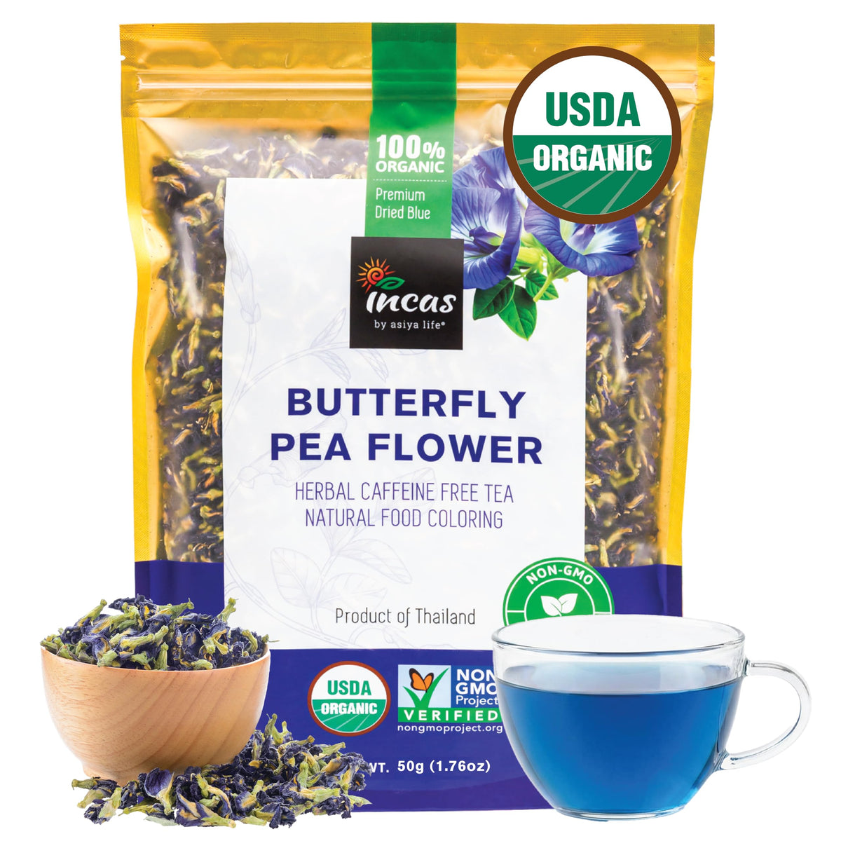 Incas by Asiya Life INCAS USDA Organic Butterfly Pea Flower Tea, Blue Tea, 1.76oz (150+ Cups)