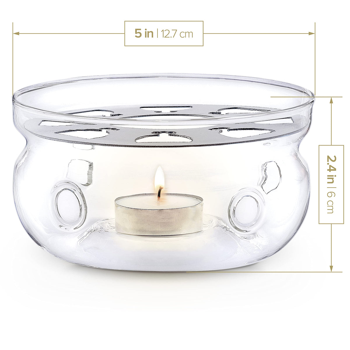 Teabloom Celebration Teapot Warmer - Standard Size (5-inch Diameter) - Heatproof Borosilicate Glass Tea Warmer - Tealight