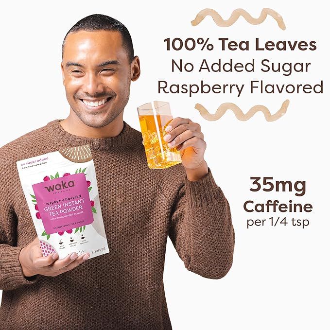 Waka Instant Green Tea Mix, Raspberry Flavored - 100% Tea Leaves, No Additives, Unsweetened Tea Powder in Bulk Pouch – Easy Quick Hot and Iced Teas, Up to 200 Cups (4.5oz)