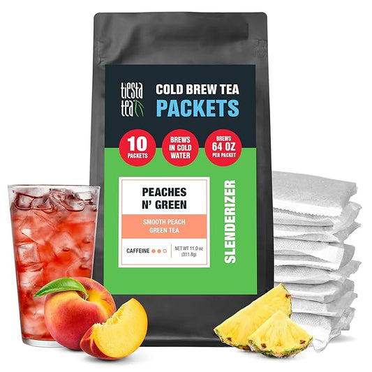 Tiesta Tea - Peaches N' Green Cold Brew, Loose Leaf, Smooth Peach Green Tea, Premium Medium Caffeinated Iced Drink, Cold Brew Packets, Makes 64 oz of Pitcher Per Bag (Pack of 10)