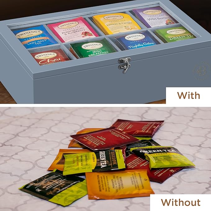 Tea Bag Organizer - Grey Bamboo Tea Box Organizer Storage Box, Tea Bag Holder with Acrylic Window, Magnetic Lid Keeps Tea Bags Fresh