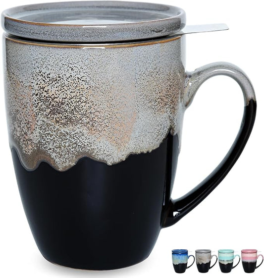 Bosmarlin Ceramic Tea Cup with Infuser and Lid, 13.5 Oz, 4 Colors to Choose, Dishwasher and Microwave Safe, Reactive Glaze